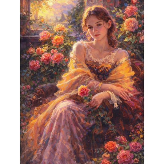 IOHEFY Romantic Rose Garden Woman Diamond Painting 12 x 16 Inch Full Drill Acrylic Diamond Art DIY Crystal Rhinestone Artwork Nano Pearlescent Canvas Vintage Floral Wall Decor Gift