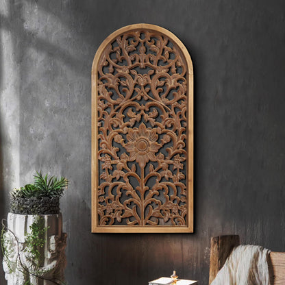 WREVERW Rustic Boho Arched Wood Wall Art, Hand-Carved Floral Panel with Distressed Brown Finish, Vintage Farmhouse Hanging Wall Sculpture for Living Room Bedroom Entryway, 15" x 31"