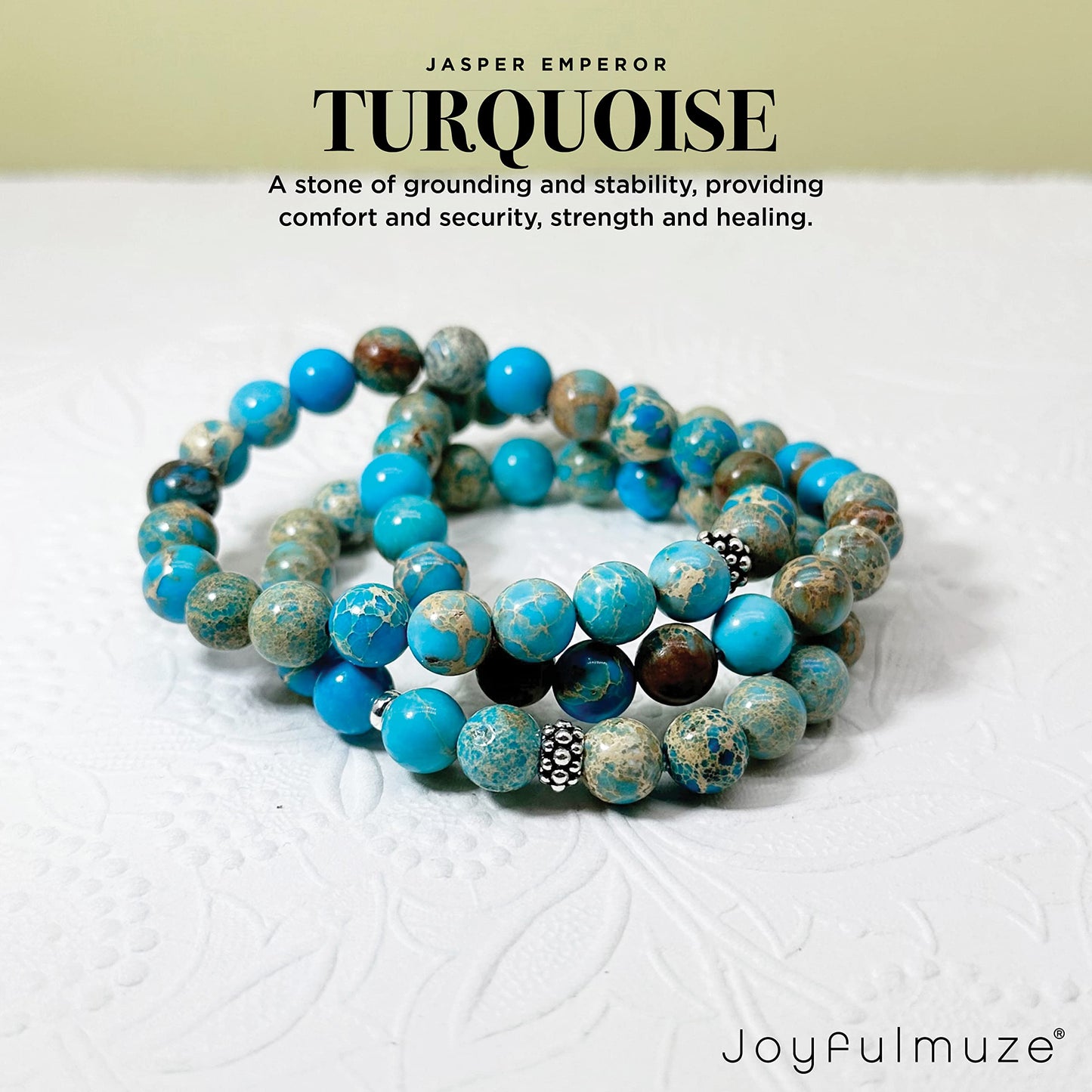 Joyfulmuze Handmade Stretch Bracelet, Genuine Turquoise Emperor Round Jasper, Premium Jewelry for Women Man Girls, Grounding Strength and Stability Stone, Sterling Silver Beads (Turquoise-Jasper-8mm)