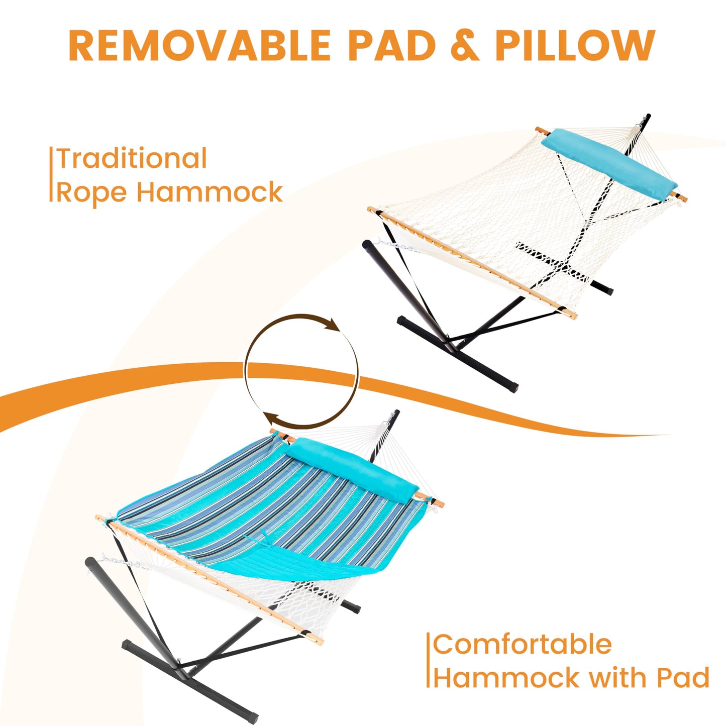 Lazy Daze Hammocks 2 Person Portable Hammock with 12FT Stand, Double Hand Woven Cotton Rope Hammock with Detachable Quilted Pad & Pillow for Outside, 450lb Capacity, Blue Stripes