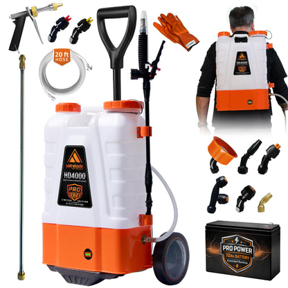 PetraTools Battery Powered Backpack Sprayer 4 Gallon - 8 Hours Long Battery Life & Padded Straps for Comfort - HD4000 Electric Backpack Garden Sprayer with 9 Spray Nozzles (HD4000 ProSeries with Cart)