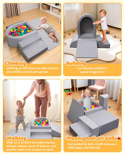 Auksay Baby Climbing Blocks, Soft Play Set for Crawling Baby 6-12 Months, Anti-Slip Particles Bottom & Velcro Connectors, High-Density Foam Gym with Soft Fabric Cover (Balls not Included)(Grey)
