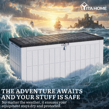 YITAHOME 134 Gallon Large Deck Box, Waterproof Resin Outdoor Storage Box with Lock and 2-Person Bench Seating for Patio Furniture Cushions,Garden Tools & Pool Accessories, Black & Grayish-White