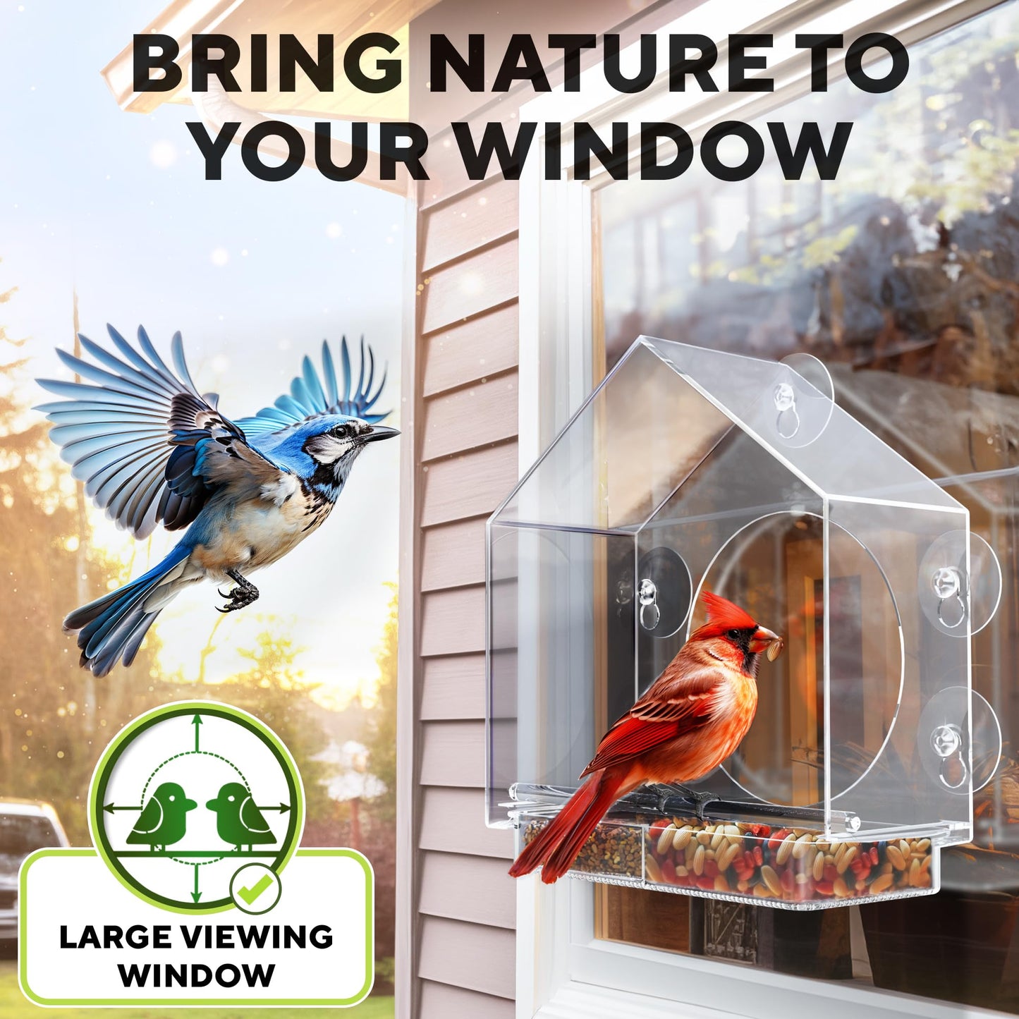 Premium Window Bird Feeder for Outside - Clear Bird House w/Largest Window for Viewing Birds - Easy to Install & Sturdy Feeder w/Extra Strong Suction Cups - Perfect for Kids, Adults and Cats