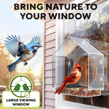 Premium Window Bird Feeder for Outside - Clear Bird House w/Largest Window for Viewing Birds - Easy to Install & Sturdy Feeder w/Extra Strong Suction Cups - Perfect for Kids, Adults and Cats