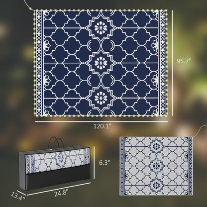 Outsunny Reversible Outdoor Rug Carpet with LED Lights, 10' x 8' PP Straw Rug, Portable RV Camping Mat with Carry Bag and Ground Stakes for Backyard, Deck, Picnic, Beach, Dark Blue and White