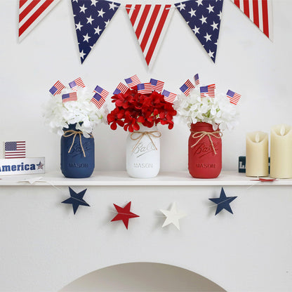 Patriotic Table Decorations, Memorial Day Decor, 250 Anniversary USA Patriotic Mason Jars with Mini American Flags, 4th of July Decorations, Red White and Blue Decor, Patriotic Themed Party Decoration