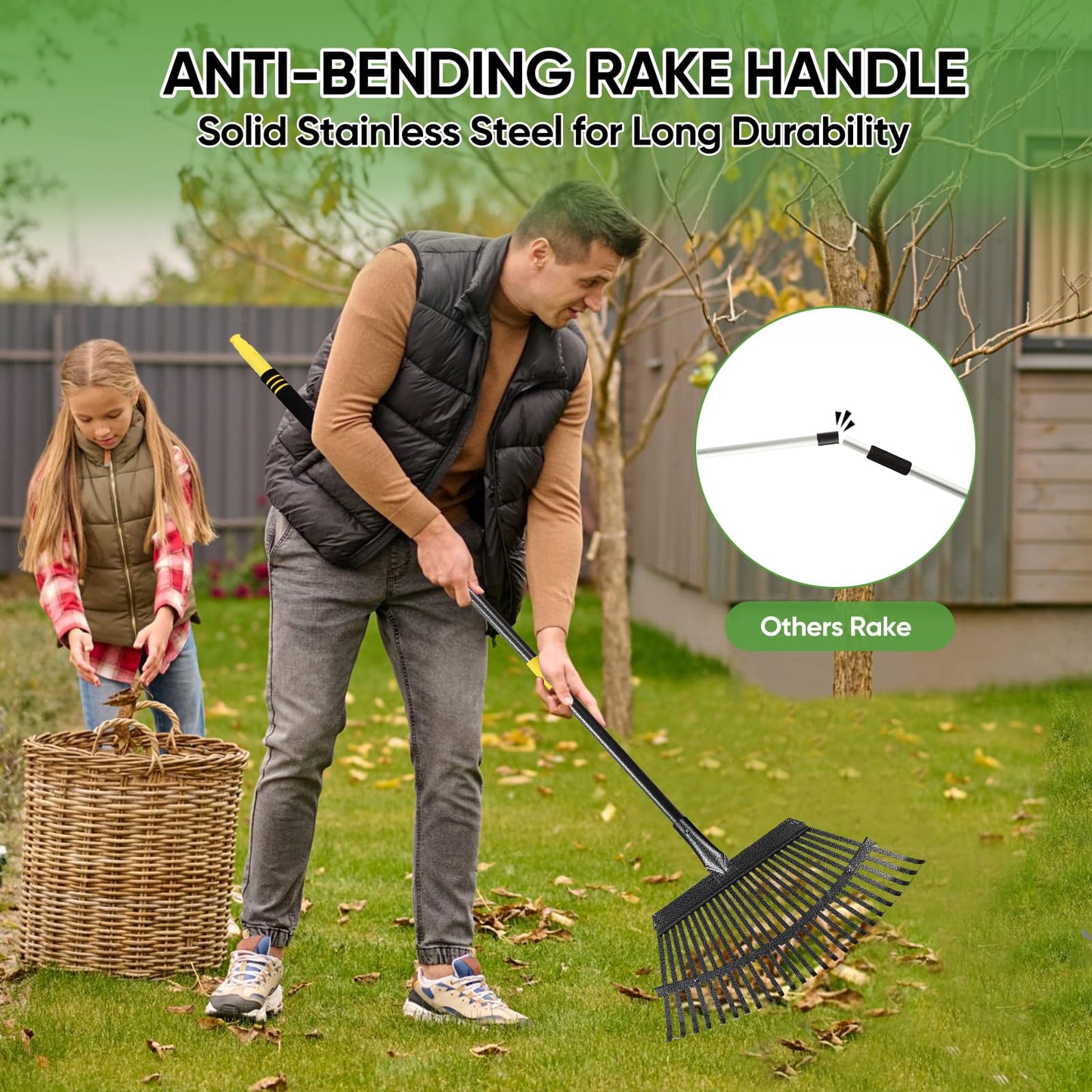 Coopvivi Garden Leaf Rakes, 6FT Rake for Lawns Heavy Duty 25 Metal Tines 18.5 inch Wide, Adjustable Steel Handle, Rakes for Leaves, Gathering Shrub, Grass, Yard