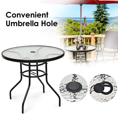 Tangkula 32" Round Outdoor Table with Tempered Glass Top, Patio Dining Table with Umbrella Hole & Metal Frame, Outside Bistro Table for Backyard, Lawn, Deck & Poolside