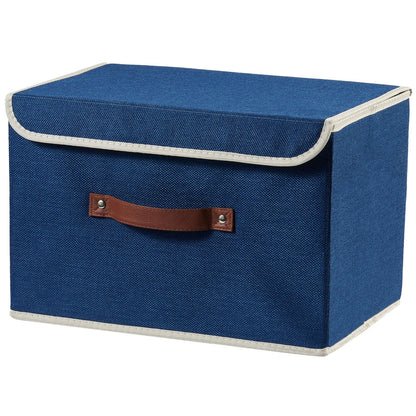 VinneGenzz Storage Boxes with Lid Cotton Linen Fabric Storage Bins Organizer Container Decorative Collapsible Washable Shelf Baskets Faux Leather Handles for Home Bedroom Closet (Deep Blue, Large)