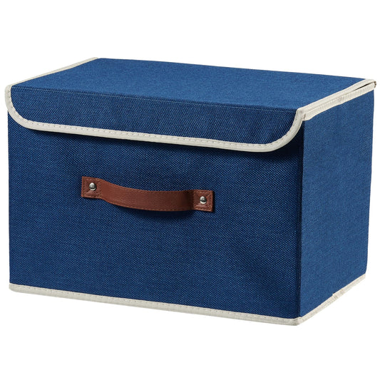 VinneGenzz Storage Boxes with Lid Cotton Linen Fabric Storage Bins Organizer Container Decorative Collapsible Washable Shelf Baskets Faux Leather Handles for Home Bedroom Closet (Deep Blue, Large)