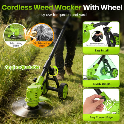 Electric Weed Wacker Cordless with Wheel, 4 in 1 Weed Eater Battery Powered Brush Cutter String Trimmer Edger, 4000mAh Stringless Weed Trimmer Lightweight Grass Trimmer Mower