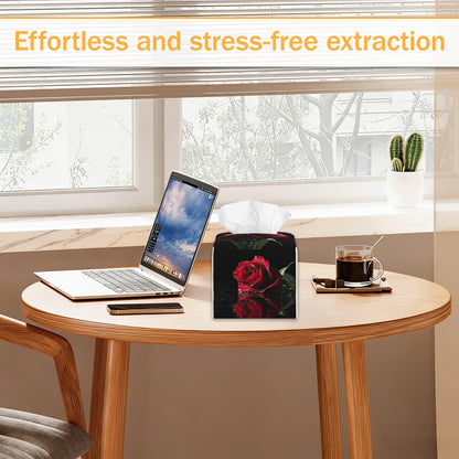 2 Pcs Tissue Box Cover Square Leather Tissue Case Holder Facial Paper Organizer Decorative for Bathroom Kitchen Car Office Home Decor (Rose Flowers Valentines Day)
