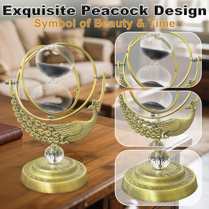 Hourglass 60 Minute Sand Timer, 720° Rotating Brass Peacock & Crystal Ball Sand Clock,Antiguo Reloj De Arena 1 Hora, Large Metal One Hour Glass Sandglass for Gifts Office Desk Decor