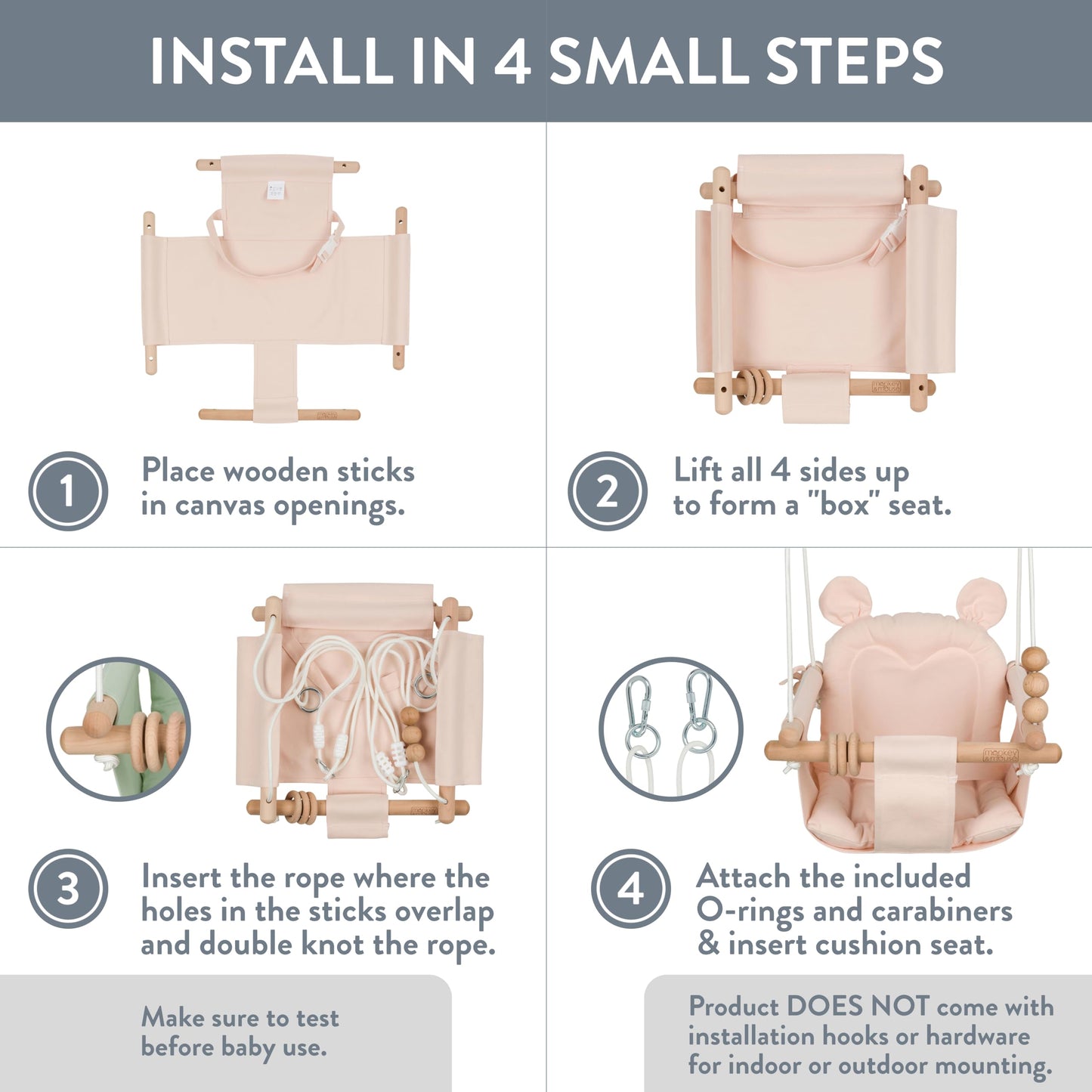 Monkey & Mouse Baby Swing, Pale Pink Indoor Outdoor Portable Hanging Chair - Infant & Toddler Kids 6 Months - 4 Years, Cotton Canvas & Beech Wood Frame, Sensory Hammock Boy & Girl Seat w/Wooden Toys
