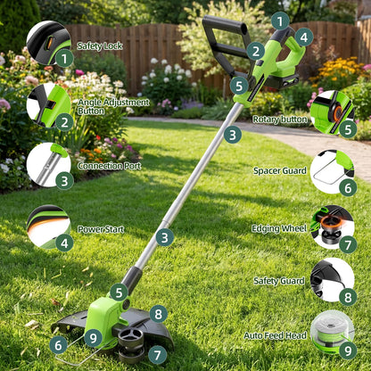 21V Weed Wacker Cordless & Lawn Edger, 9000RPM Electric Weed Eater with 2x2.0Ah Battery, 12" Auto Line Feed String Trimmer with 8 Pcs Spools, Lightweight Edger Lawn Tool for Yard, Green