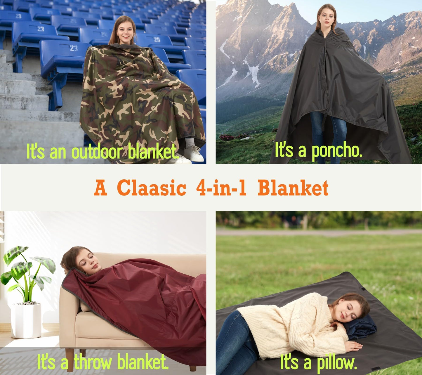 sheelokhwui 4-in-1 Large Camping Blankets - Waterproof, Windproof Fleece Outdoor Blankets for Stadium, Sports, Car, Concert - 81"x57", Portable (Dark Gray)