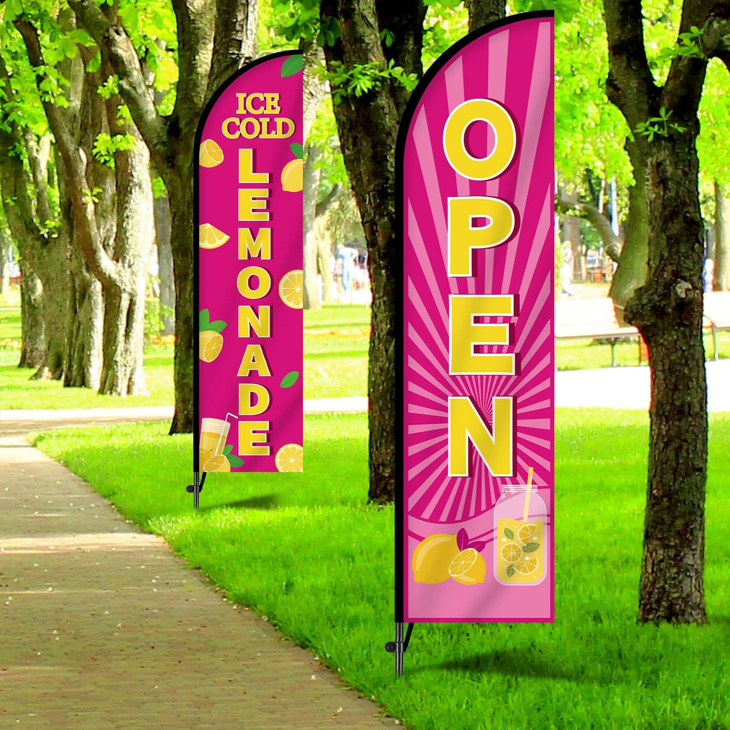 2 Sets Lemonade Feather Flag for Business Advertising 11 FT Summer Lemonade Swooper Flag Sign with Pole Ground Stake Portable Bag Windless Welcome Open Banner for Outside Garden Business Store (Pink)
