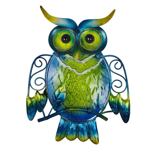 LIFFY Cute Metal Owl Wall Decor - Unique Outdoor Wall Art Decoration - Glass Hanging Wall Owl Decor Brighten Up Patio, Porch or Door, Garden Decoration, Birthday Gift Ideas
