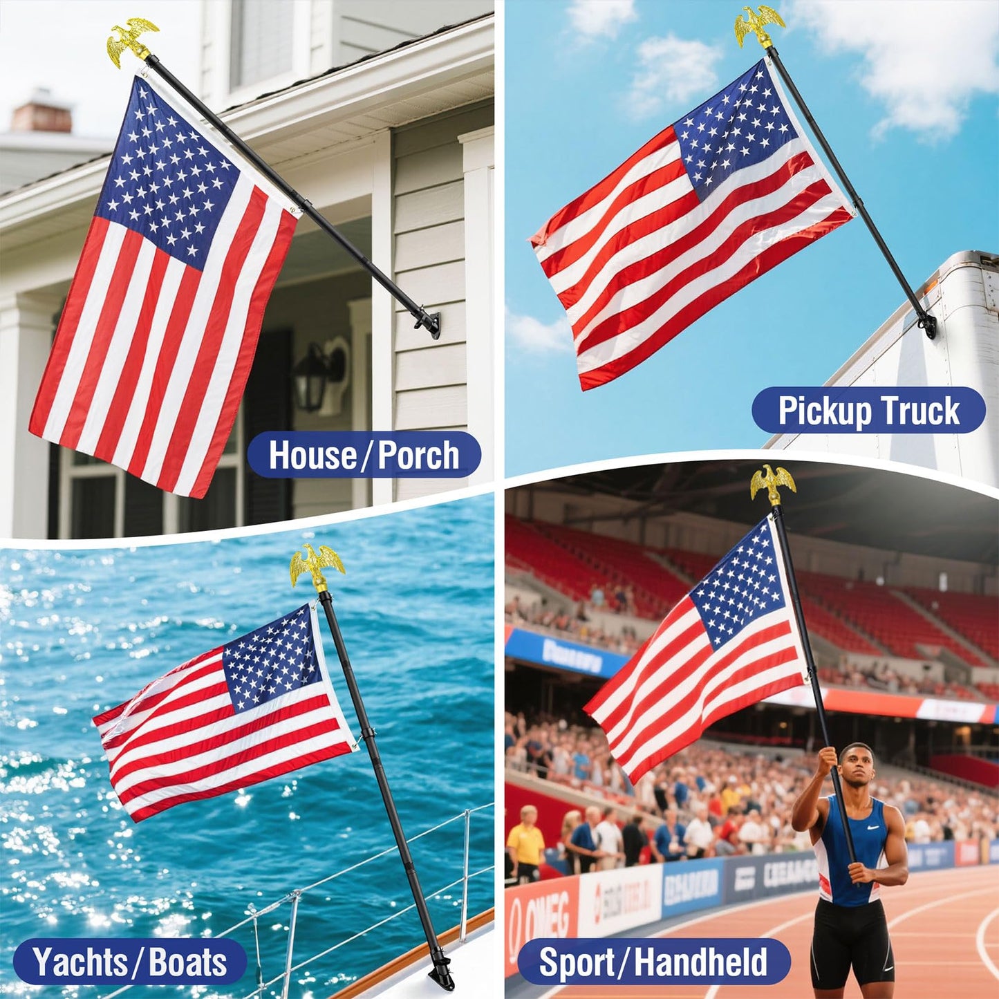 Flag Pole for Outside House, Outdoor Black Heavy Duty Porch 6 FT Flag Pole Kit, for Residential or Commerical, Tangle Free Flagpole (Include American 3 X 5 Flag, Wall Mount Holder, Eagle Shaped Head)