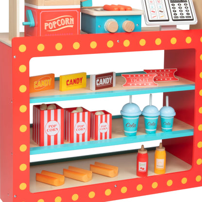 Movie Theatre Snack Bar Wooden Playset- Pretend Concession Stand Fun- Full Set w Popcorn Machine, Hot Dogs, Candy Bars, Sodas Cash Register, Credit Card- Kids Food Activity Center- Home or Daycare Toy
