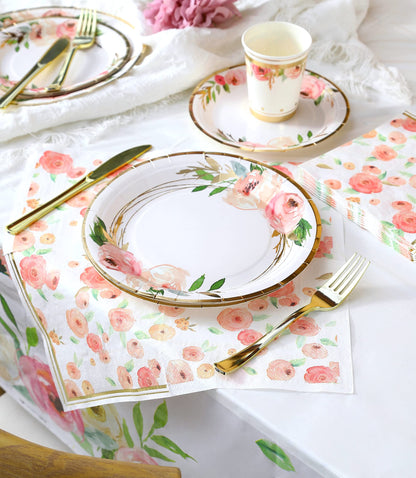 Luxury Floral Paper Plates and Napkins Party Supplies - Serves 16 - Pink and Gold Flower Decoration for Floral Baby Shower Bridal Shower Tea Party Birthday