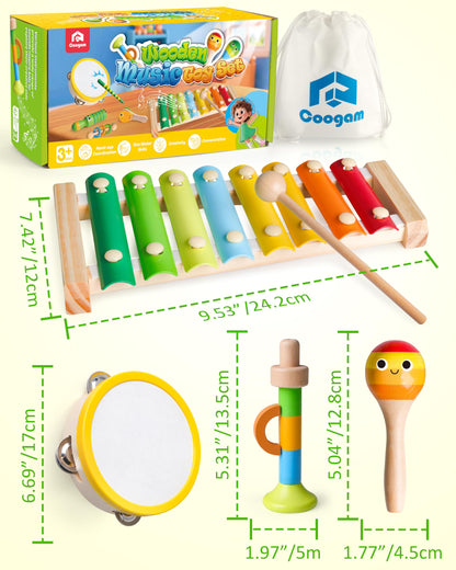 Coogam Wooden Musical Instruments for Toddlers, Tambourine Xylophone Castanet Flute Maracas Playset, Wood Percussion Rhythm Music Toy, Montessori Educational Learning Gift