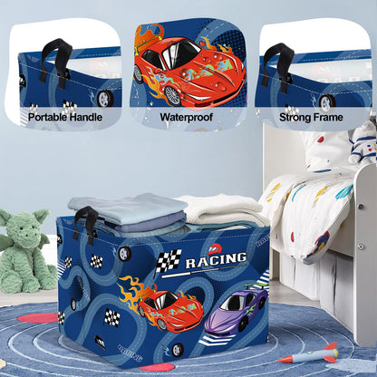 HUUMONSS Racing Car Baby Storage Basket Collapsible Clothes Kids Laundry Hamper Large Flag Track Boys Gift Toy Box Bin for Playroom, Blue, 36L