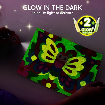 JOVA Klever Kits Glow Sand Art Kits for Kids, Glow in The Dark Sand Painting with 14 Colors, Kids Crafts, 6 Fantasy Templates & 4 DIY Sheets, Mess Free Arts and Crafts, Gifts for Girls Ages 5+