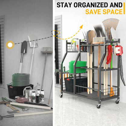 Ultrawall Garden Tool Organizer, Yard Tool Storage Rack for Garage Organization with Lockable Wheels, Garden Tool Stand for Rake, Brooms, Indoor & Outdoor Use