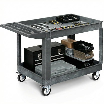 YITAHOME 2 Tier Heavy Duty Plastic Utility Cart 45 x 25 Inch, Rolling Work Cart w/Deep Shelves & 360° Swivel Wheels(2 Brake), Plastic Tool Cart Suitable for Warehouse, Garage, Office, Cleaning, Gray
