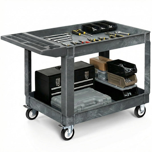 YITAHOME 2 Tier Heavy Duty Plastic Utility Cart 45 x 25 Inch, Rolling Work Cart w/Deep Shelves & 360° Swivel Wheels(2 Brake), Plastic Tool Cart Suitable for Warehouse, Garage, Office, Cleaning, Gray