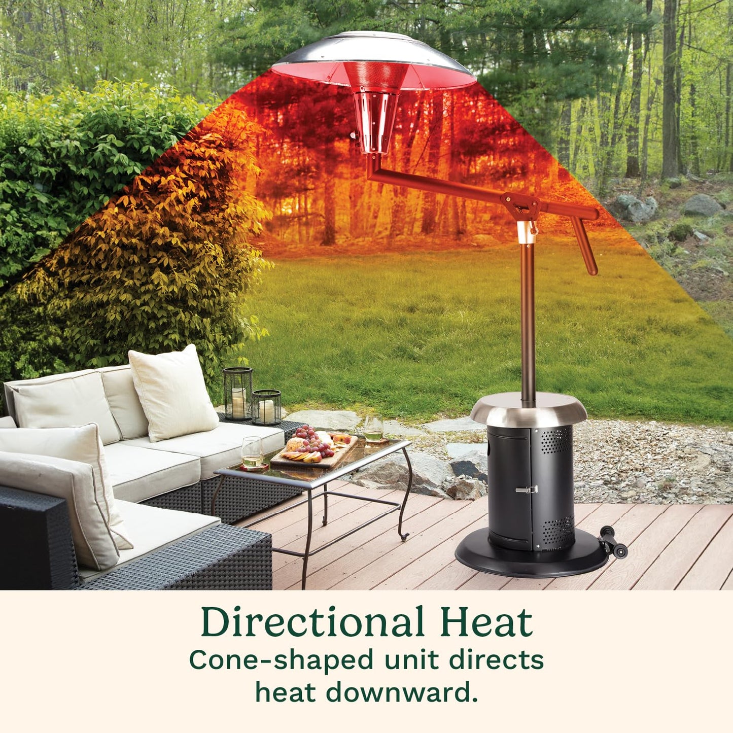 Cuisinart Perfect Position Propane Patio Heater, 38,200 BTU Powerful Directional Stainless Steel Outdoor Heater with Hidden Tank and Drink Table, Swivel Arm and Reflective Heat Shield