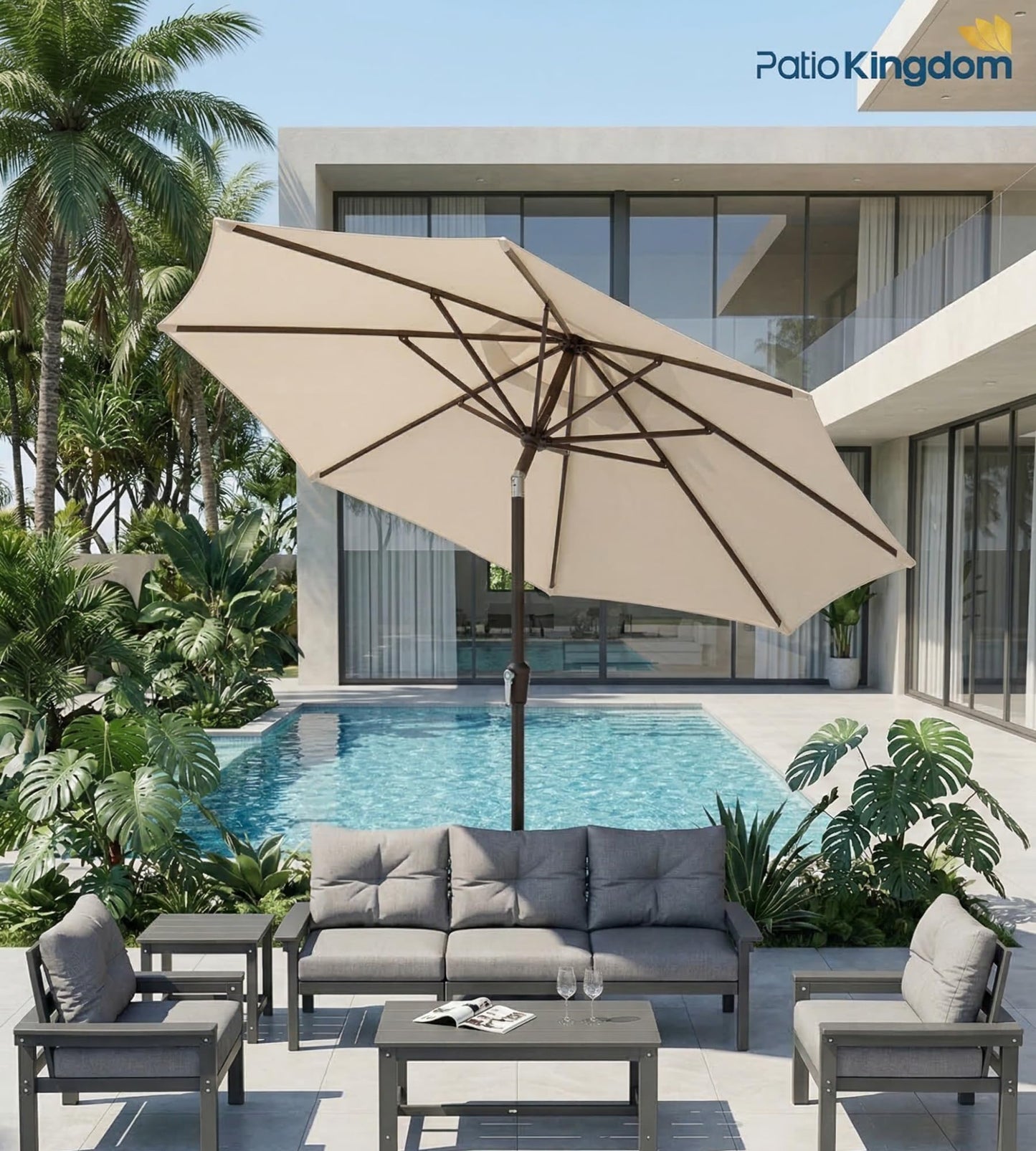 PatioKingdom 9FT Patio Outdoor Umbrella-UPF 50+ Sun Shade with Wind Vent, Push-Button Tilt & Smooth Crank Lift, Rust-Resistant Fiberglass Frame for Garden, Backyard,Yard (Beige)