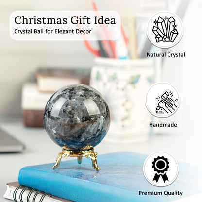 Crocon 50mm Larvikite Stone Sphere Ball with Metal Stand 1400+ Carats Gemstone Ball Healing Sphere Sculpture Figurine for Fengshui Divination Home Decoration Photography Crystal Sphere