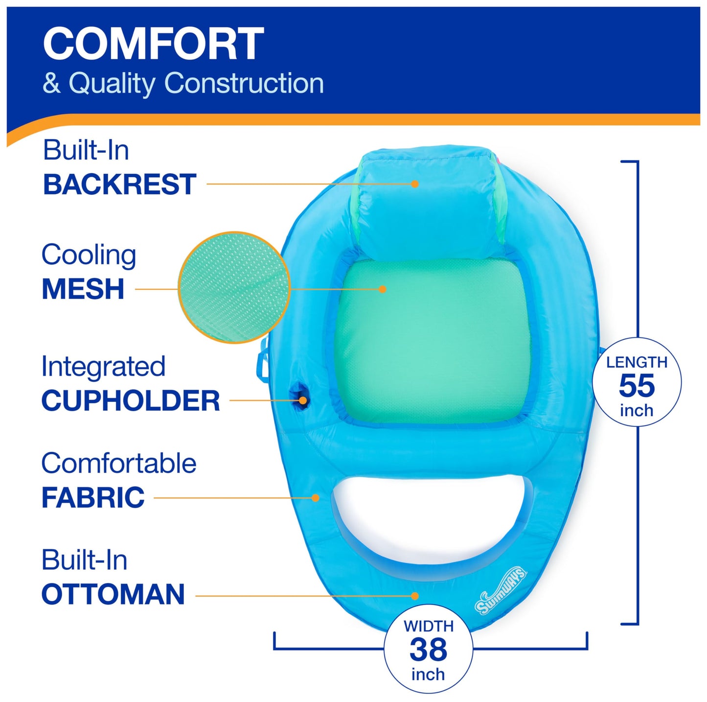 SwimWays Spring Float Premium Recliner Pool Lounger, Inflatable Pool Floats Adult with Fast Inflation for Ages 15 & Up, Sky Blue