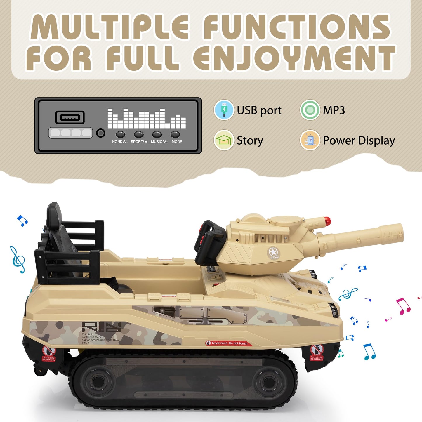 TOBBI 24V Electric Kids Ride on Toys, Battery Powered Tank Car for Toddlers to Drive with Remote Control/8 Missiles/360°Spin/Rubber Tracks/Music, Off-Road Vehicles for Boy&Girl Aged 3-8 Years