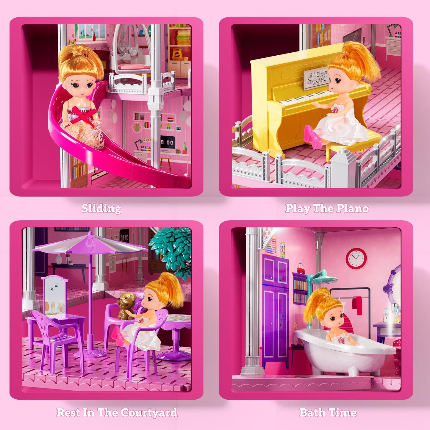 JUKUDAHU Villa Playset for Girls Ages 3-7, 4-Storey House with 10 Rooms, 2 Dolls, Furniture and Accessories, Indoor Playset Girls Toys for Ages 6-8, Pretend Toddler Toys, Birthday Gifts for Kids 4-8