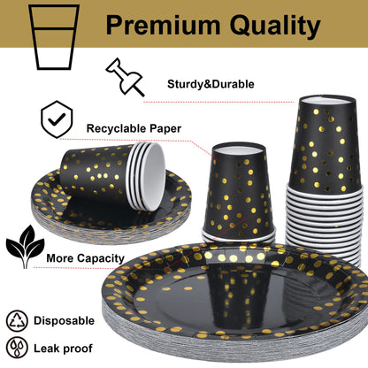 202pcs Eco-Friendly Disposable Black and Gold Paper Plates Supplies Bulk Dinnerware Decorations for Party Wedding Birthday Dinner Dessert (25 Guest)