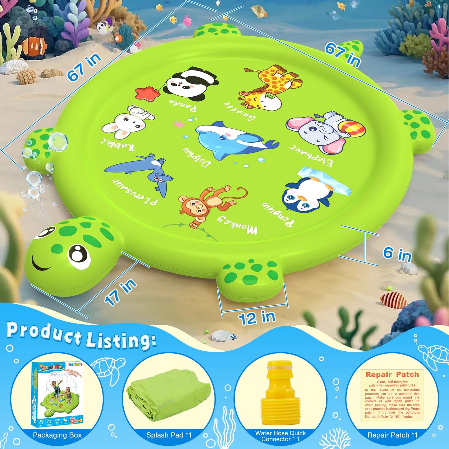 tmstorys Splash Pad for Toddlers 1-3, 67" Turtle Sprinkler & Splash Play Mat, Inflatable Baby Kid Pool, Summer Outdoor Water Toys for Toddlers, Boys, Girls Backyard Garden Lawn Games
