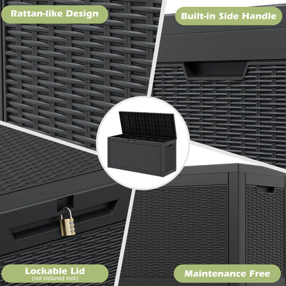 WTFGO 72 Gallon Outdoor Storage Box, Resin Deck Boxes Outdoor Waterproof For Patio Furniture, Garden Tools, Pool Supplies, Lockable And UV Resistant (Rattan Black)