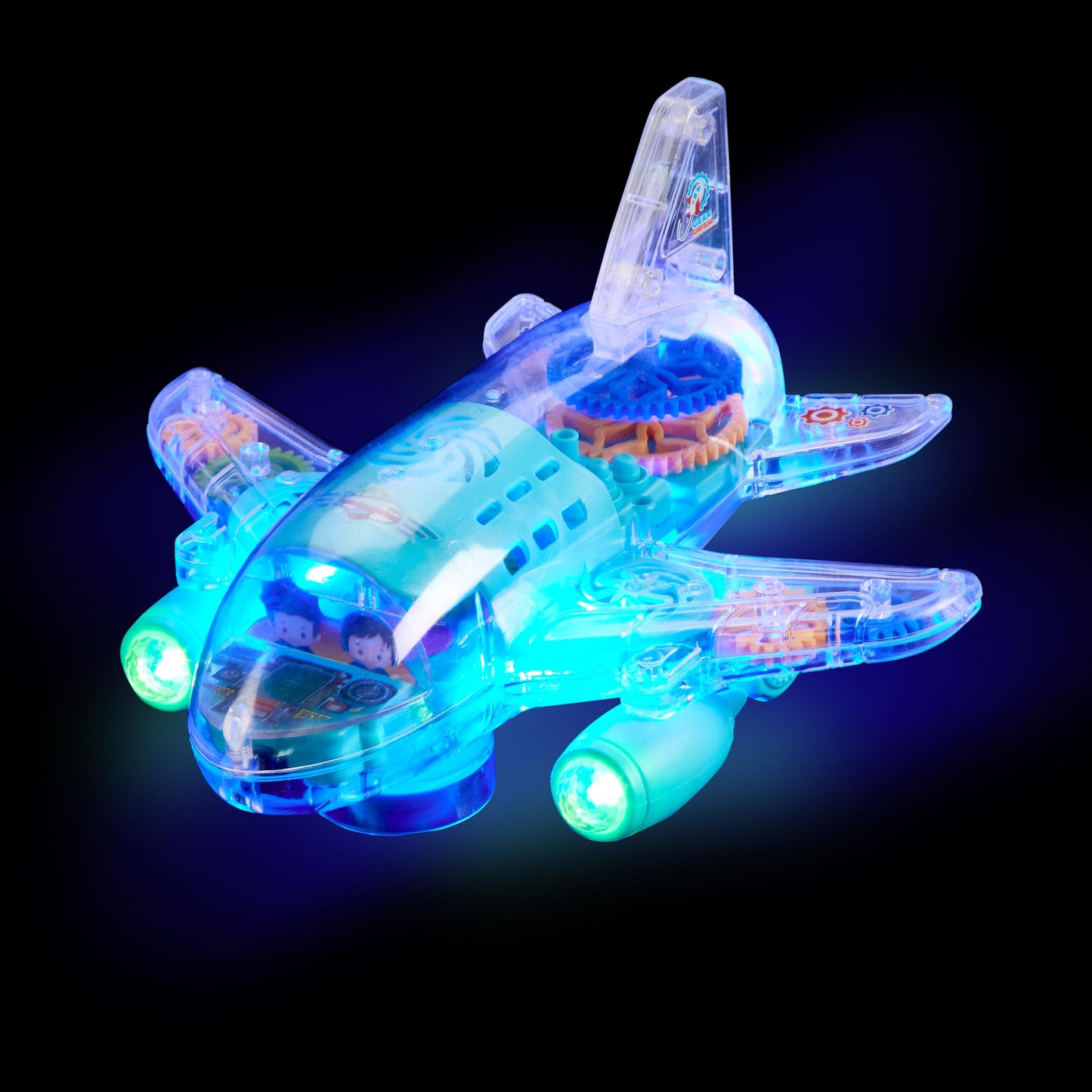 Playbees Light Up Transparent Gear Airplane Kids Bump and Go Autism Toys Colorful Moving Gears with Music and LED Effects Toddler Boy Toys Ages 3+