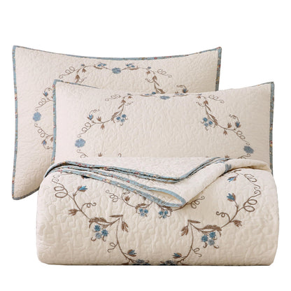 vctops 3-Piece Elegant Floral Embroidered Bedspread Coverlet Set Oversize Queen 100% Cotton Reversible Patchwork 1 Quilt and 2 Pillow Shams (Flower B,Oversize Queen)