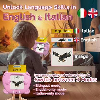 HALCONTORNO Bilingual English Italian Flash Cards - Talking Flash Cards for Kids, Pocket Speech for Toddlers 3-12, Educational Learning Audible Gift Play Cards Italian, Autism Sensory Toys (Pink)
