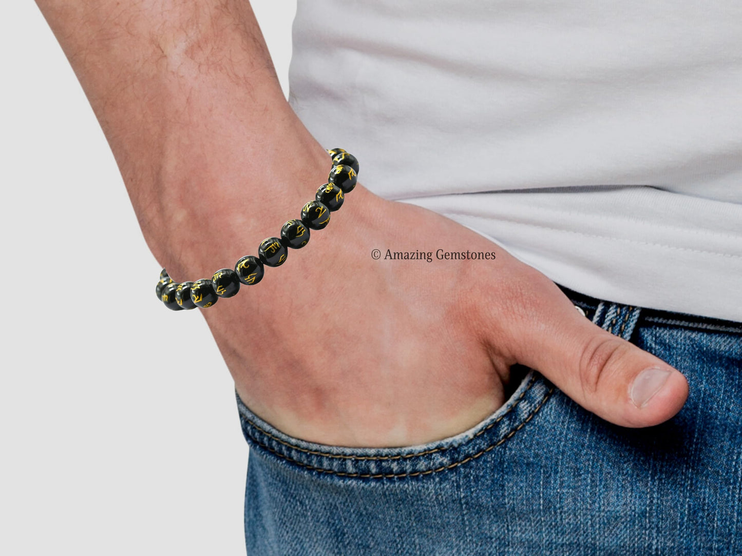 Amazing Gemstone Crystal Bracelet for Women Men's Gifts - Protection Healing Crystal Bracelet - 8mm Gemstone Beaded Stretchable Bracelet Pulseras Para Hombres Mujer Stocking Stuffers Mothers Day Gift (Black Agate (Om Mani Padme Hum))