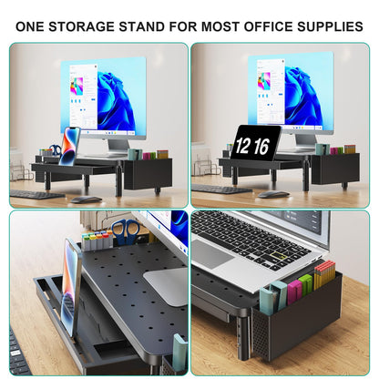 WALI Computer Monitor Stand with Storage, Desk Organizer with Drawer and Pen Holder, Desk Monitor Riser 3 Height Adjustable, Laptop Riser for Computer, Laptop, Printer(PTT003-B), 1 Pack, Black