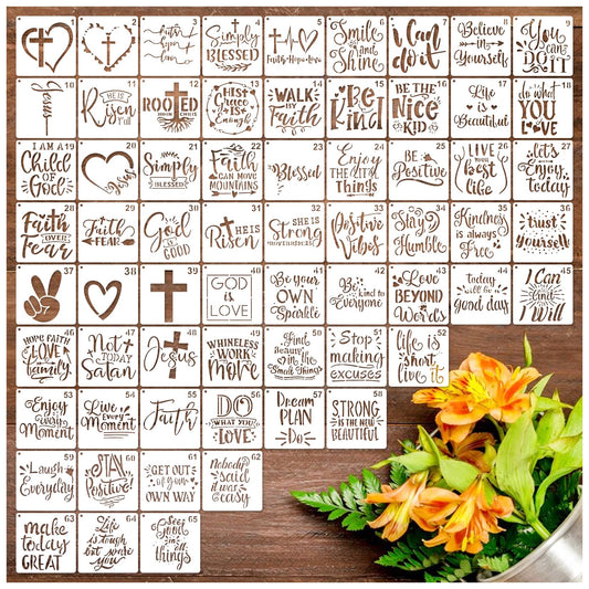 65Pcs Small Stencils for Painting on Wood BurningReusable, 3 Inch Reusable Stencil for Craft Ornament Paint Template Stencils for Wall Card Rock Wood Signs Coasters Canvas Home Decor (Bible Words)