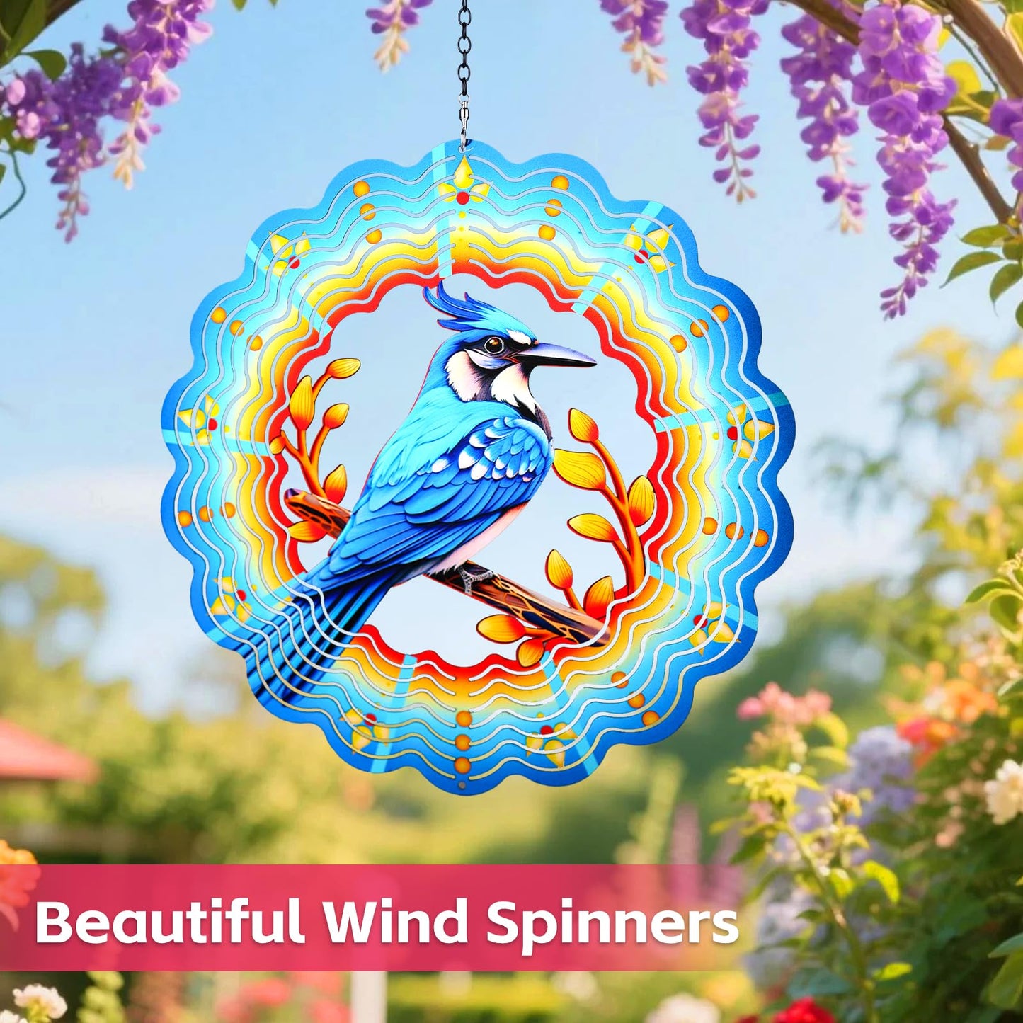 Metal Wind Spinners Hanging,12 Inch 3D Stainless Steel Blue Bird Wind Spinner Gifts for Women Mom Grandma Blue Jay Garden Decor Wind Sculpture Decoration for Yard Art, Outdoor, Porch, Backyard, Patio