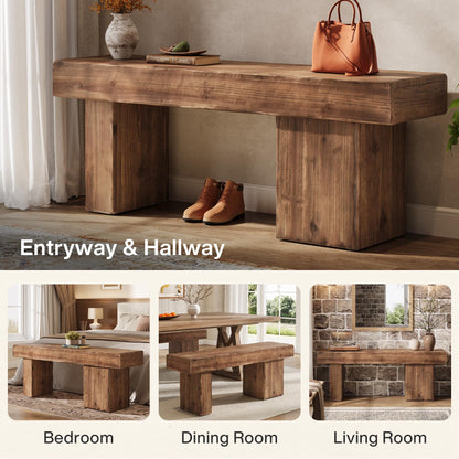TRIBEWOOD Thickened Solid Wood Bench, 47" Rustic Farmhouse Entryway Bench with Artistic Legs, Heavy Duty Dining Bench for Kitchen, Living Room, Hallway, End of Bed, Natural Wood