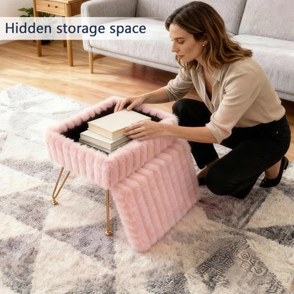 xupersodys Vanity Stool Chair with Storage, Faux Fur Soft Padded Ottoman with Coffee Table, Modern Vanity Chair Fluffy Footstool with Metal Legs for Makeup, Living Room,Bedroom Pink